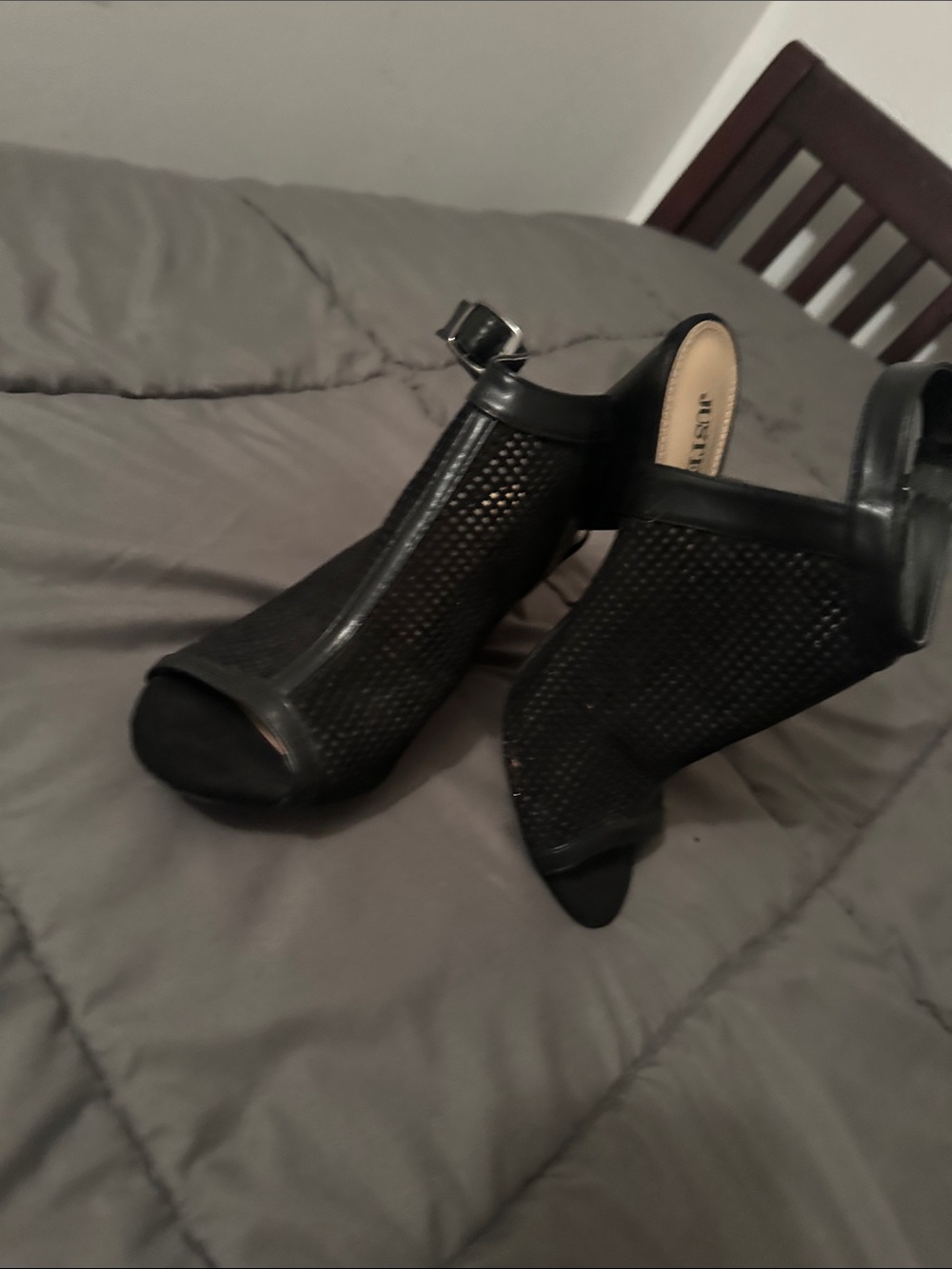 JustFab Black Mesh Peep-Toe Ankle Heels